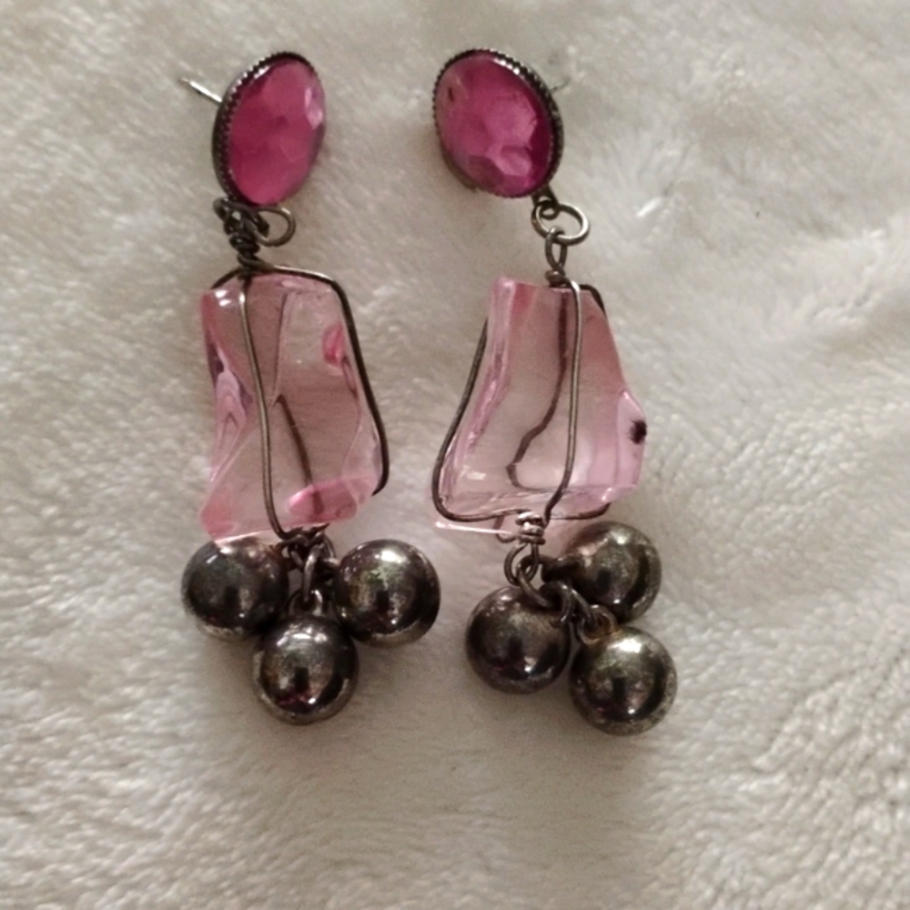PINK 🩷 CHUNK Silver DANGLER EARRINGS VINTAGE
